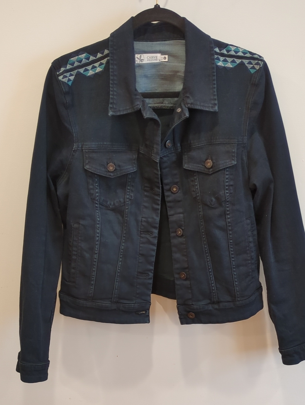 Boho Carve Designs Dark Indigo Denim Jacket Turquoise Geometric Embroidery (L)
